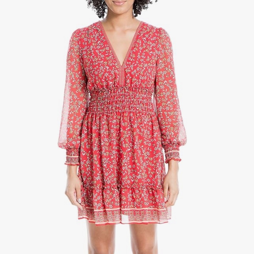 MAX STUDIO Women's Red Floral V-Neck Smocked Dress